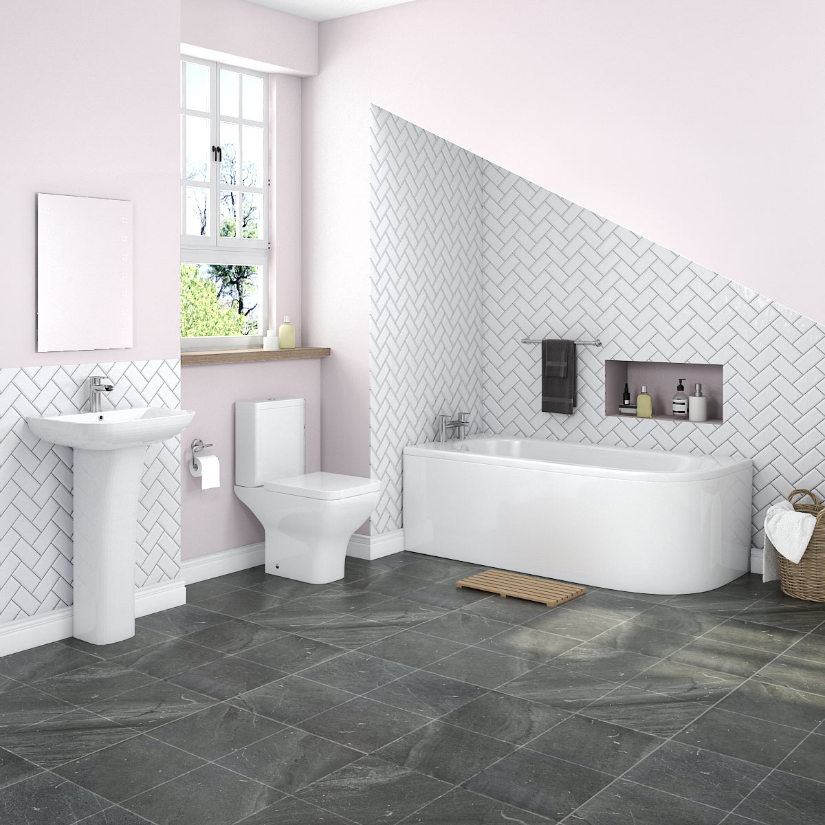 Left J Shape Bathroom Suite Shower Bath 1700mm + WC Toilet + Basin Sink ...