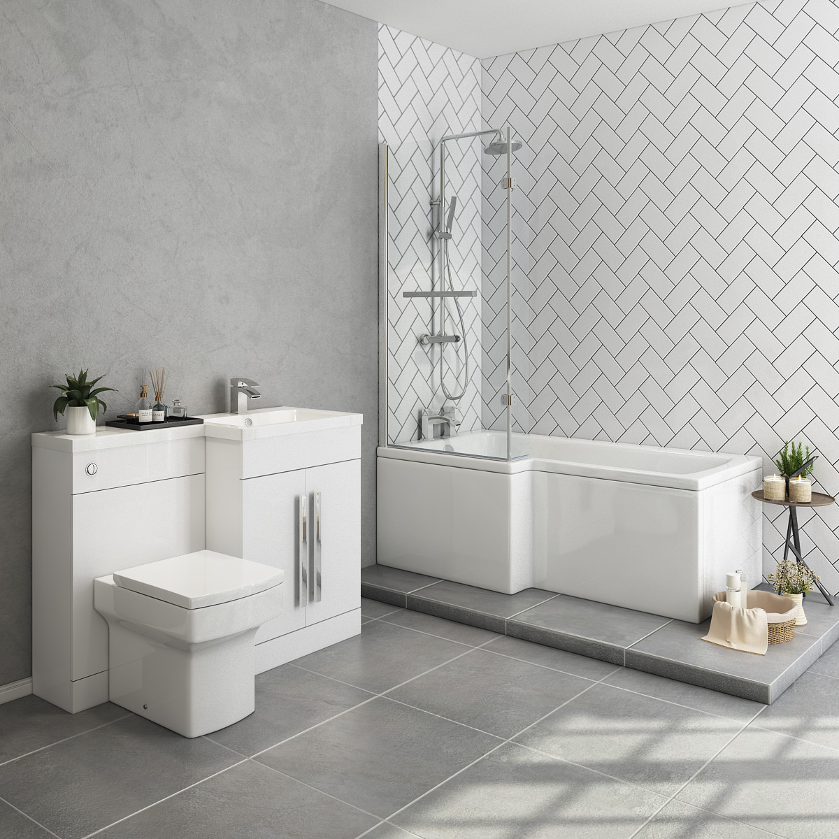 Bathroom Suite Left Hand L Shape Shower Bath Right Basin Vanity Toilet Furniture