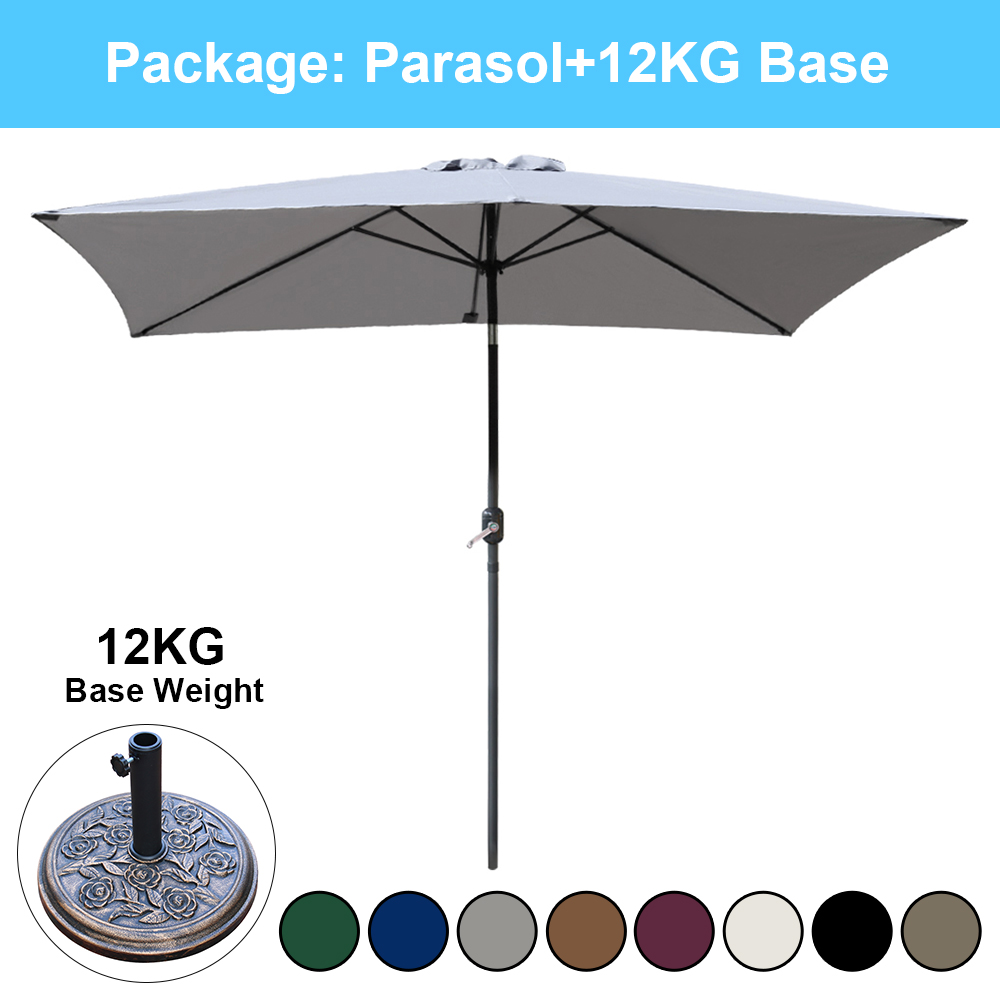 2x3m Garden Parasol Sun Shade Umbrella Rectangular Tilt Crank Base Cover Fabric