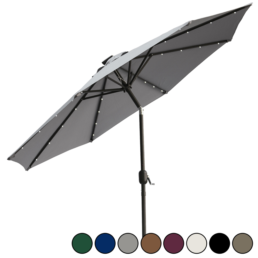 2.5m 2.7m Round Parasol Garden Umbrella with LED Solar Lights Tilt Crank Fabric