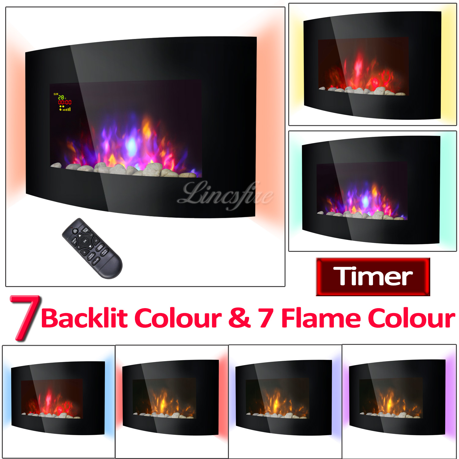 2kw Curved Glass 7 Colour Led Backlit Electric Fireplace Heater