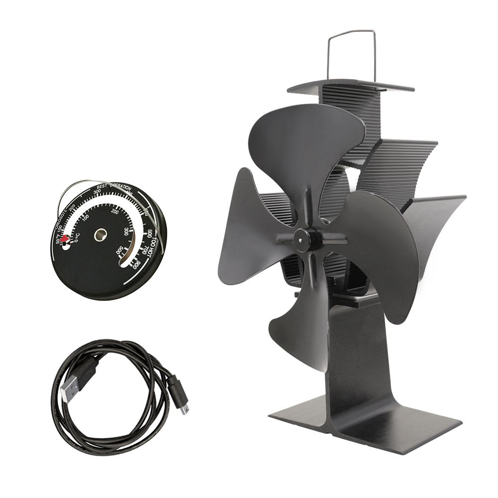 Heat Powered Eco Stove Fan with Thermometer Wood Log Burner Burning Fireplace