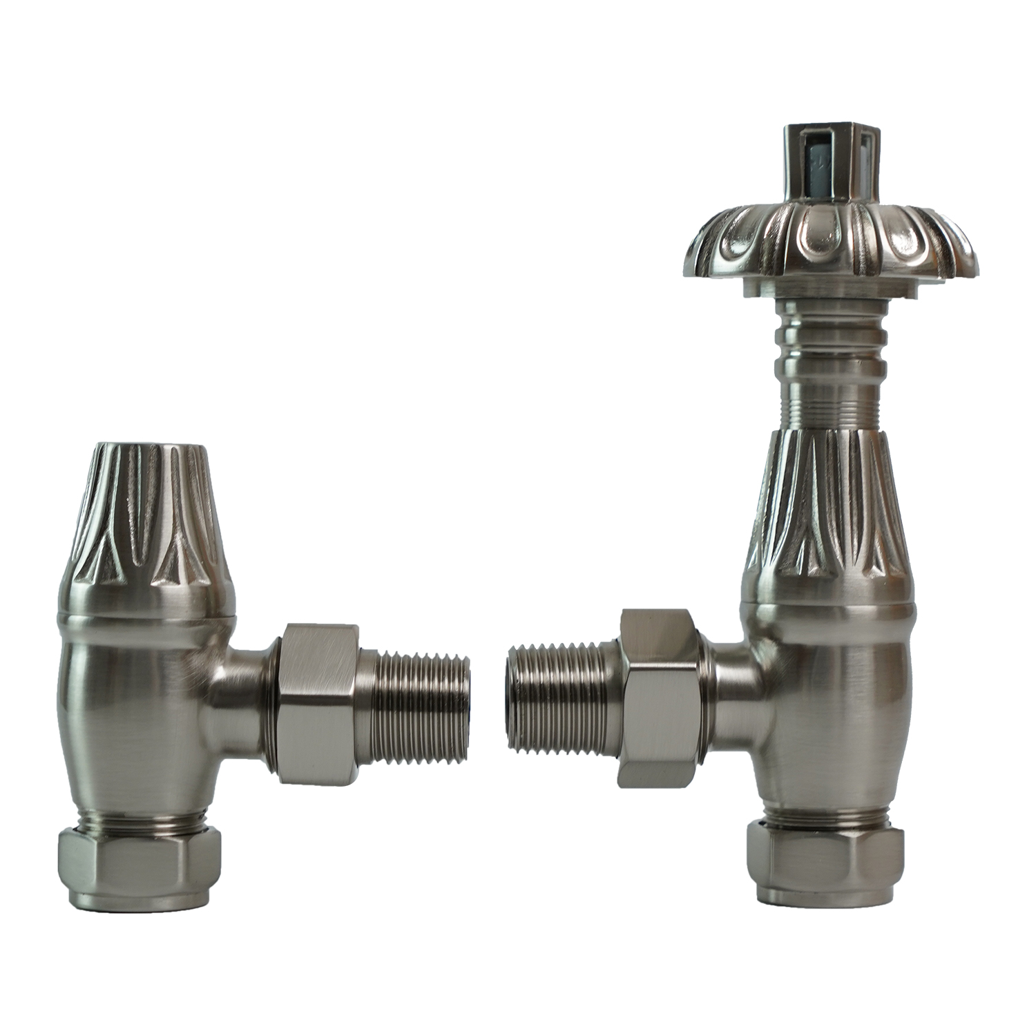 Thermostatic Manual Angled Radiator Valves Traditional Brass Pipes and Collars