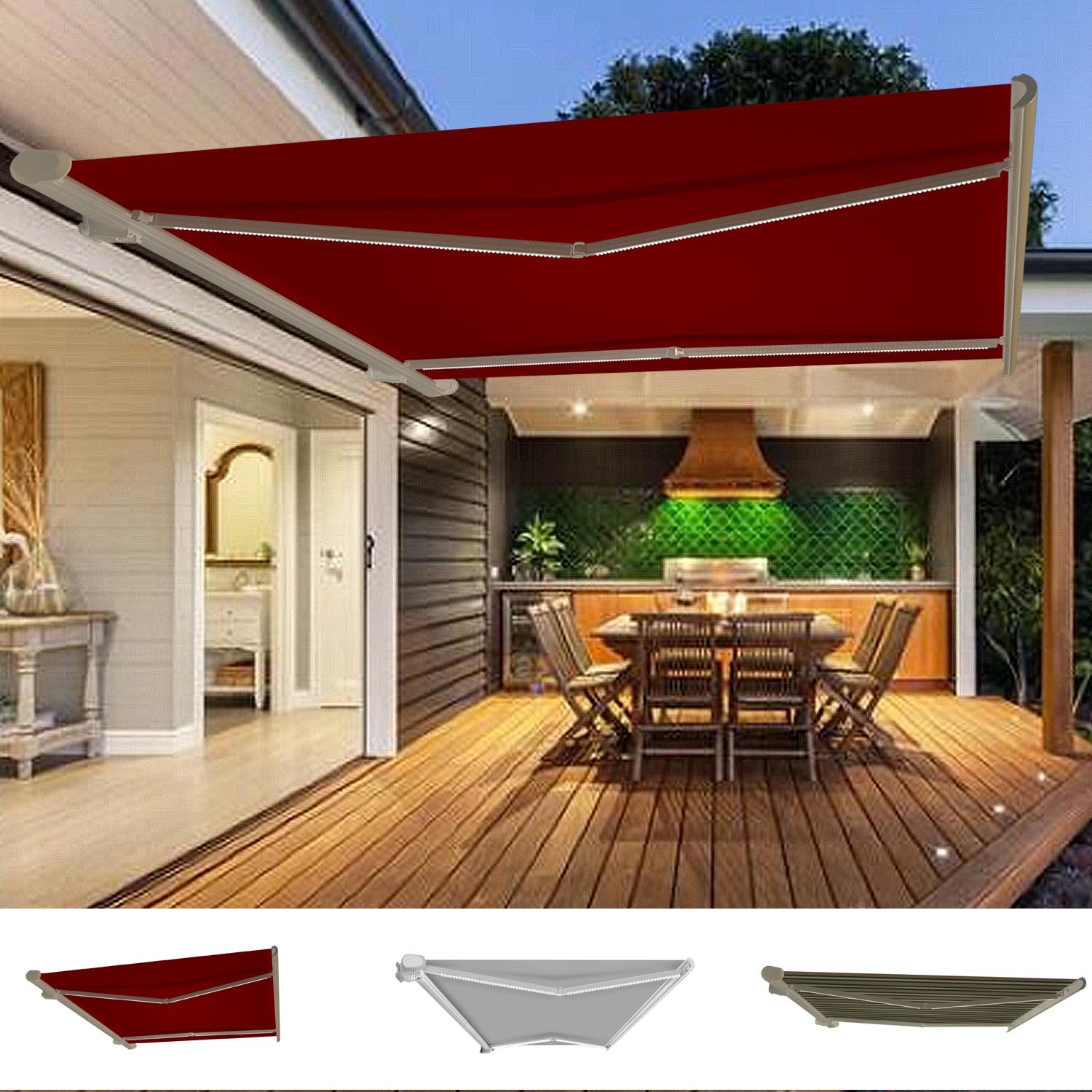Garden Awning Retractable Canopy Electric Patio Shelter With Led Lights