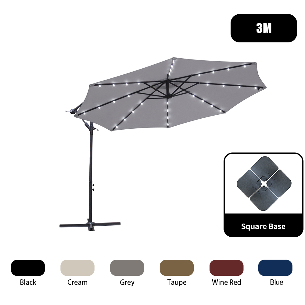 3M Garden Patio LED Banana Parasol Cantilever Umbrella Sun Shade Canopy Base