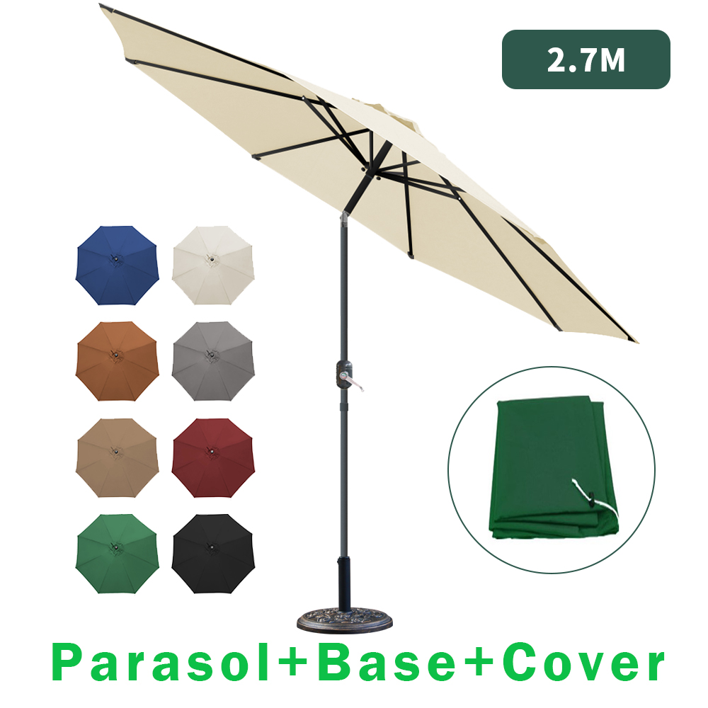 2.5/2.7/3M Round Garden Parasol LED Umbrella Tilt Crank Sun Shade Patio Fabric