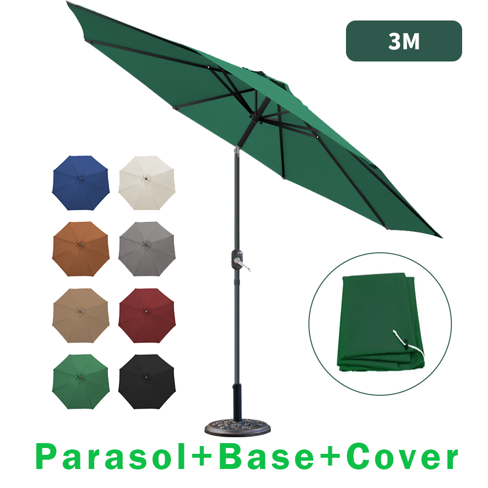2.5/2.7/3M Round Garden Parasol LED Umbrella Tilt Crank Sun Shade Patio Fabric