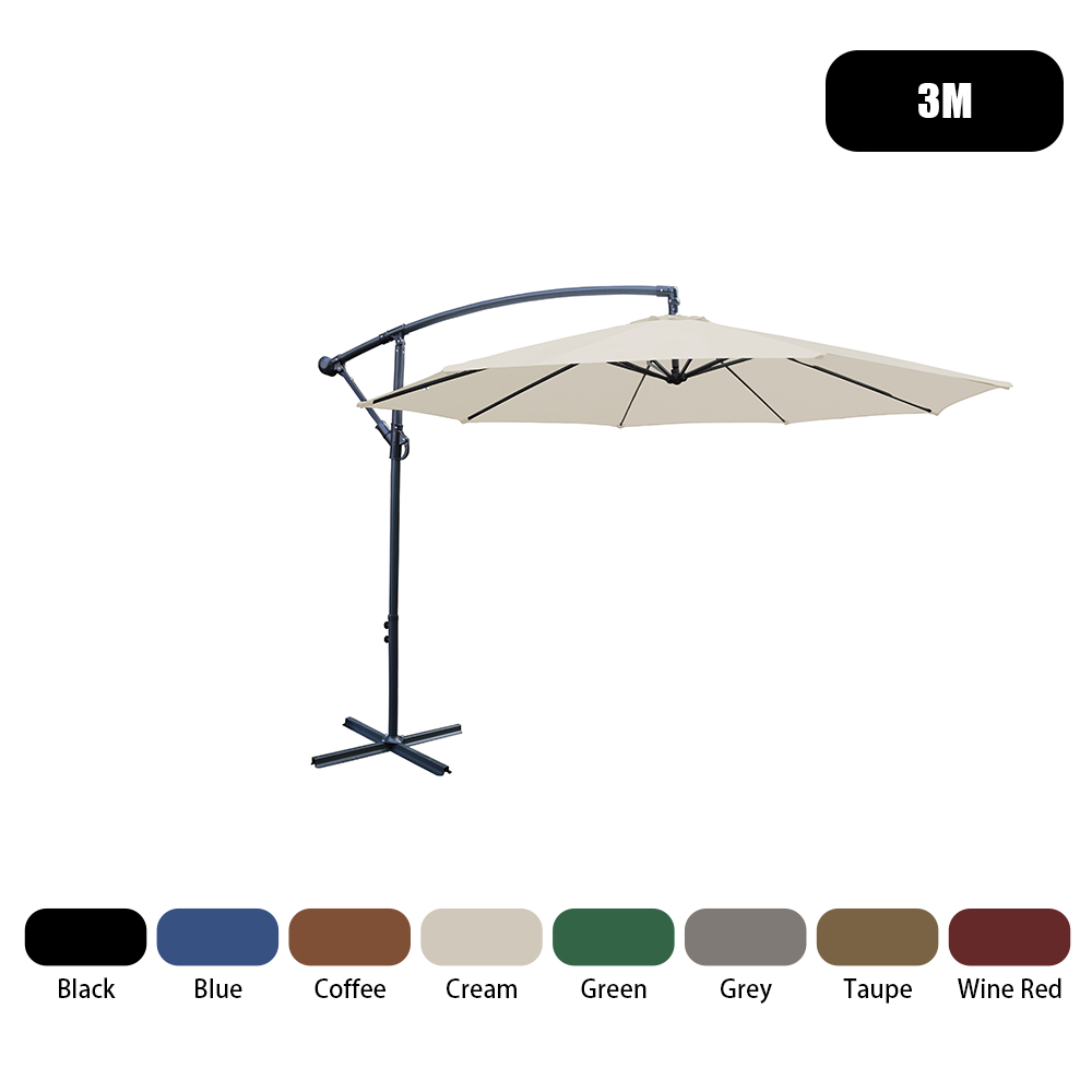 3m Banana Parasol Garden Sun Shade Canopy Patio LED Cantilever Umbrella Base