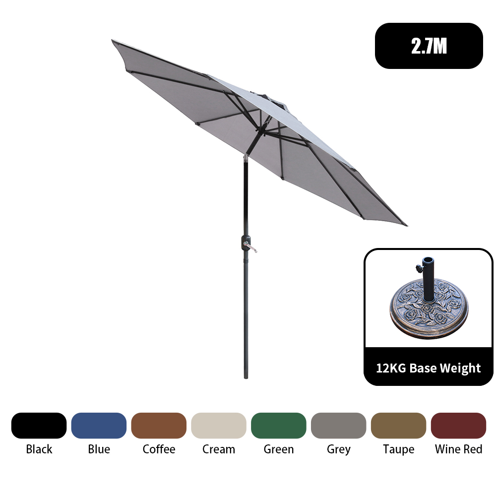 2.5m 2.7m 3m Garden Parasol LED Umbrella Outdoor Sun Shade Patio Fabric Base