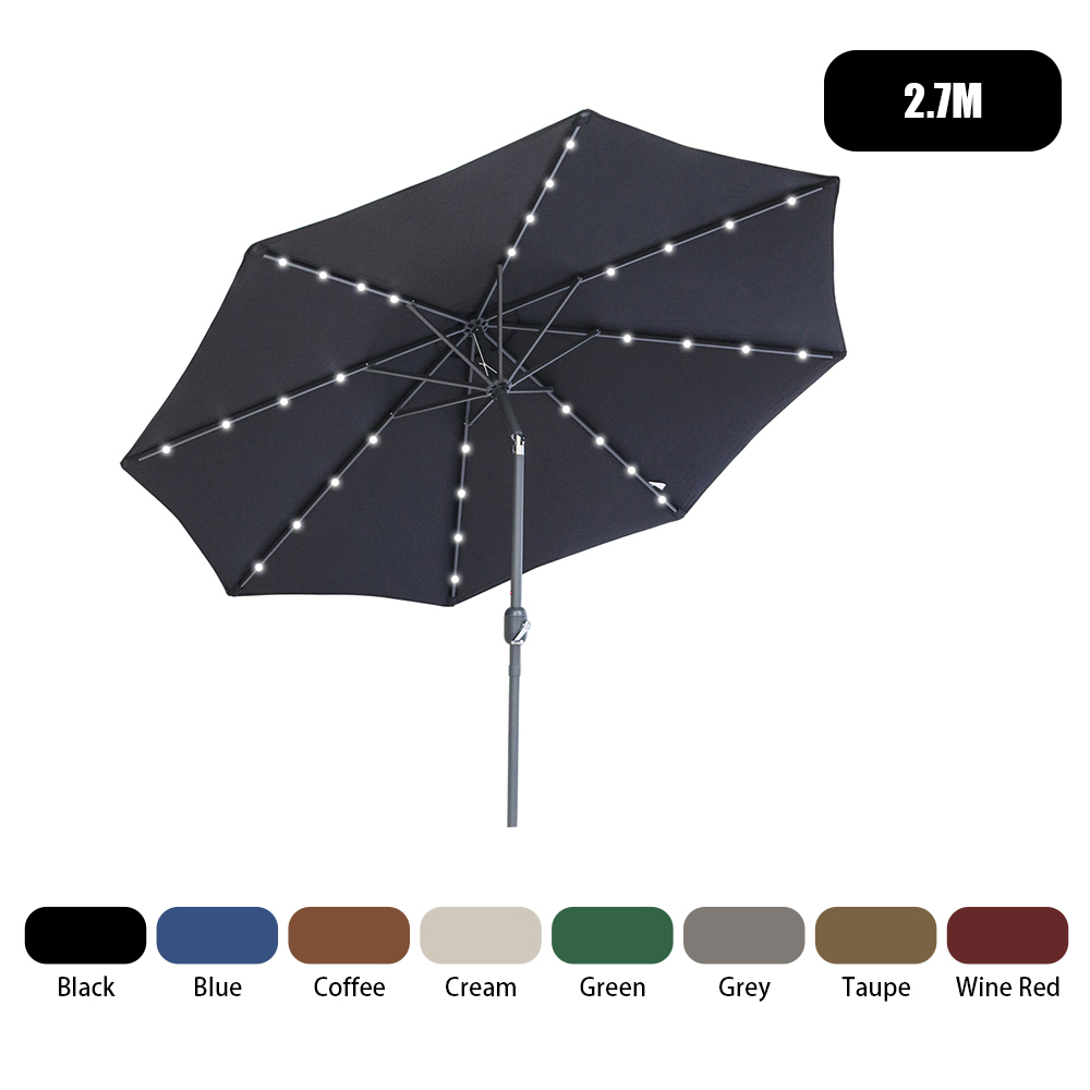 2.5/2.7/3M Round Garden Parasol LED Umbrella Tilt Crank Sun Shade Patio Fabric