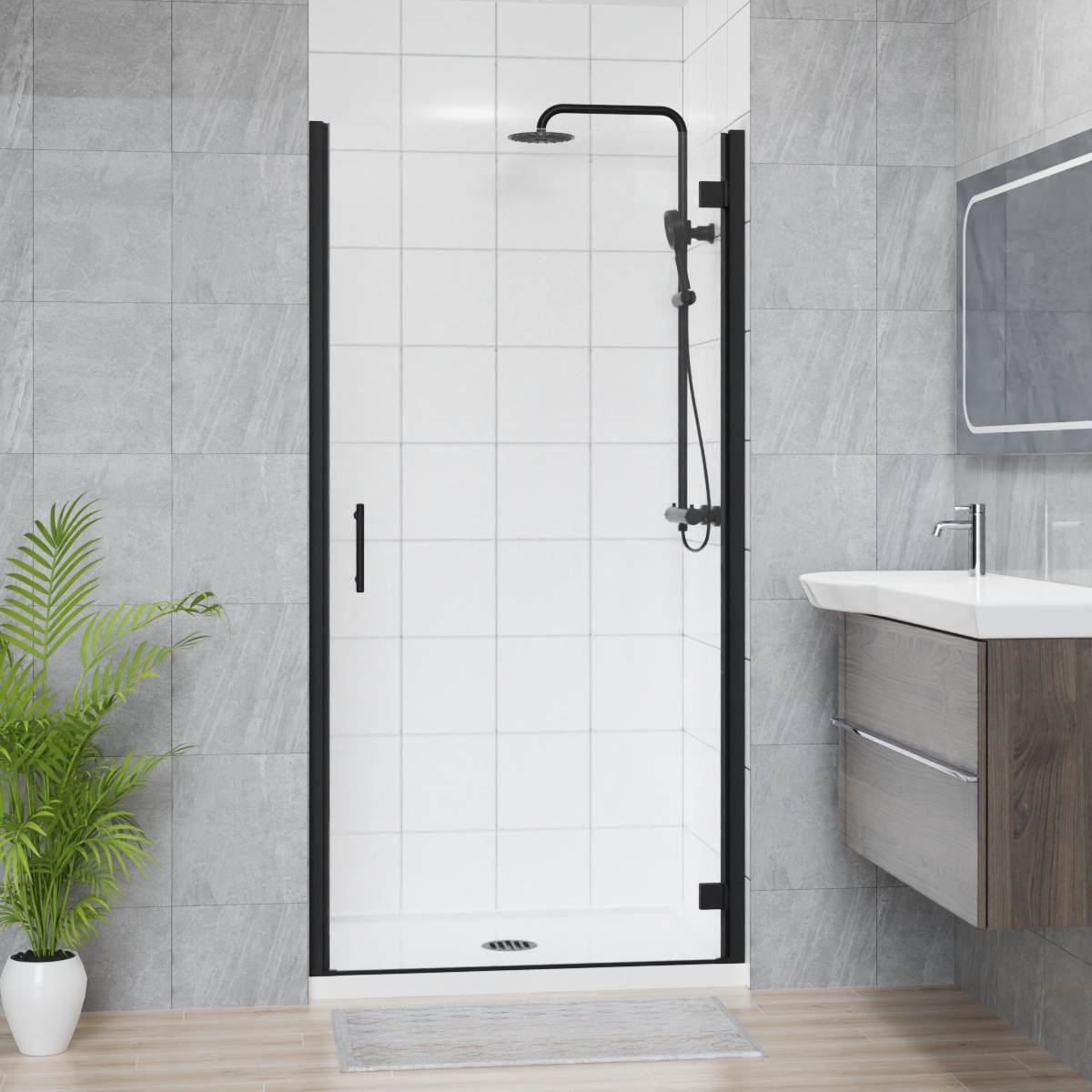 Matte Black Hinged Door Shower Enclosure Tray Glass Screen Panel Walk In Cubicle