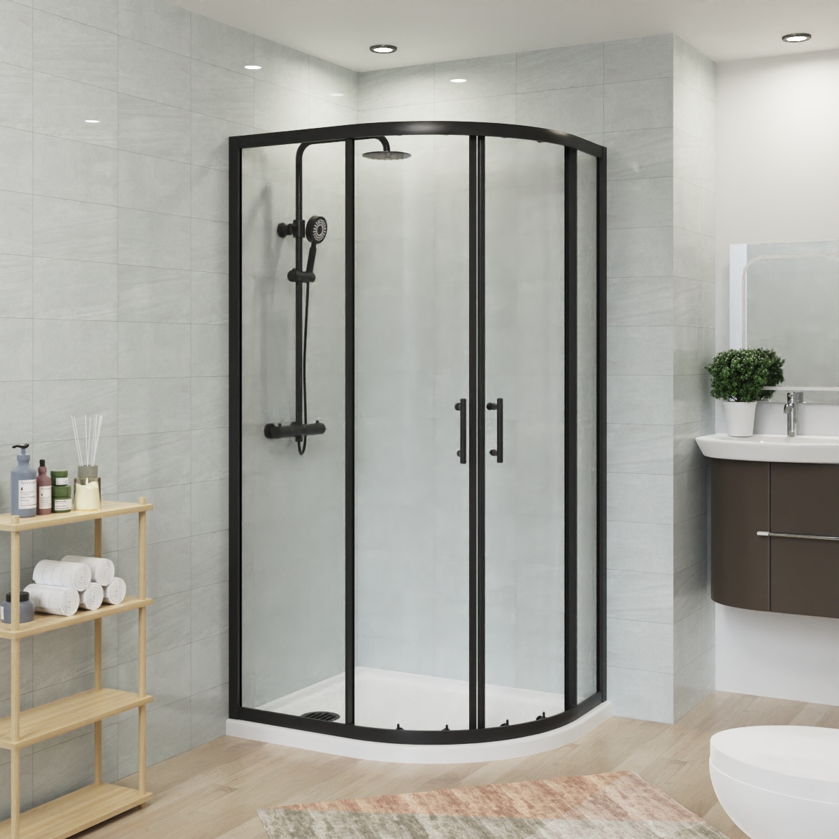 Matt Black Offset Quadrant Shower Enclosure Walk In Corner Cubicle Sliding Door