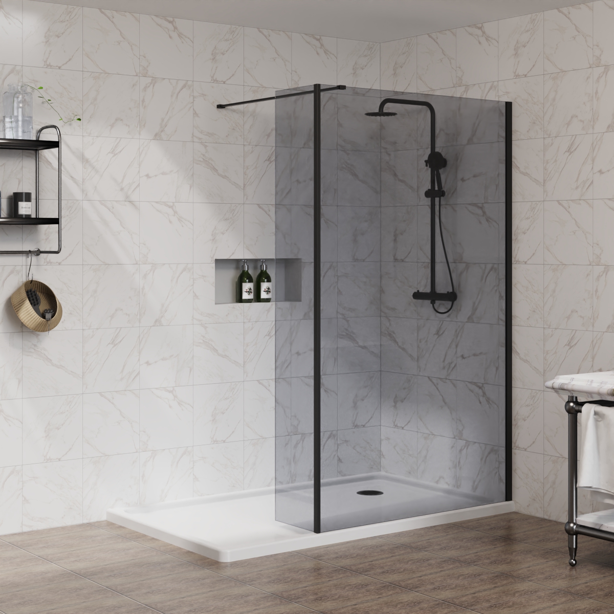 Black Walk In Shower Enclosure Wet Room Screen Flipper Panel Cubicle Grey Glass