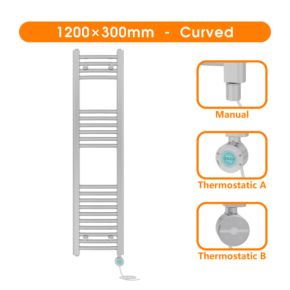 Straight Curved Flat Panel Chrome Heated Towel Rail Prefilled Electric Radiator