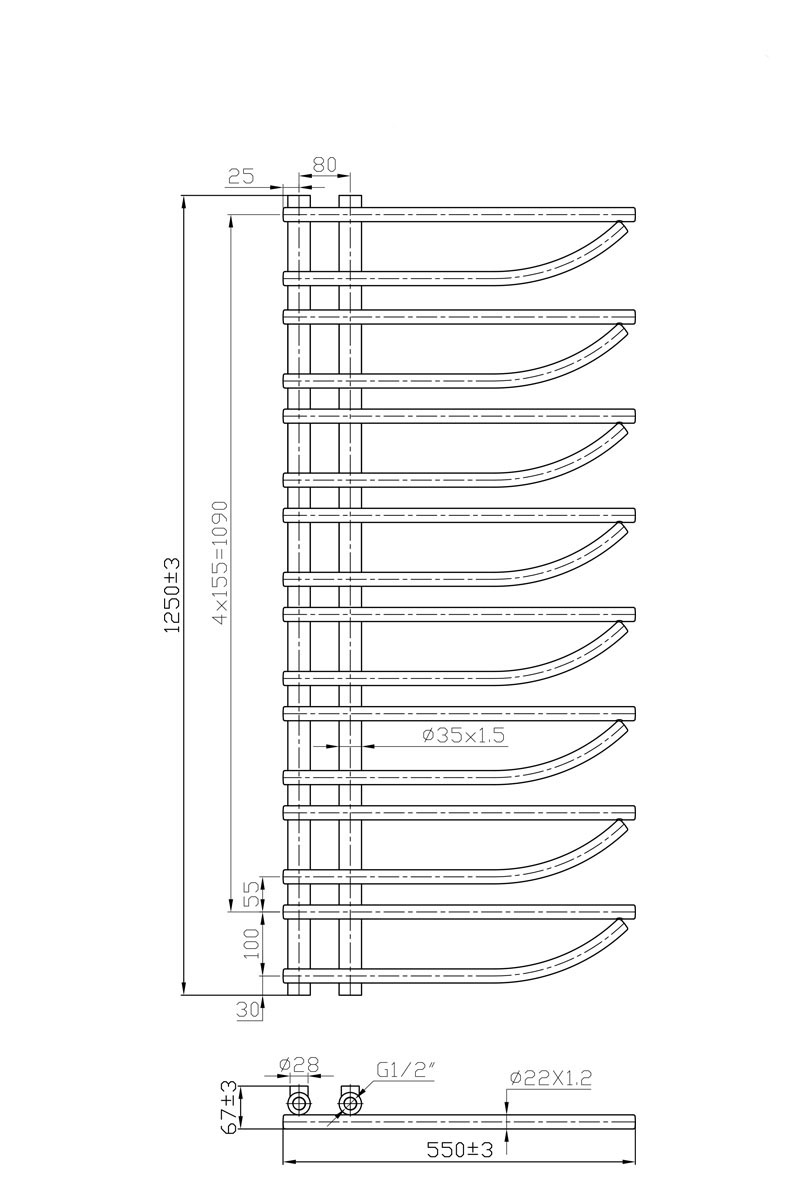 1250x500mm Modern Designer Heated Towel Rail Curved Radiator Double ...