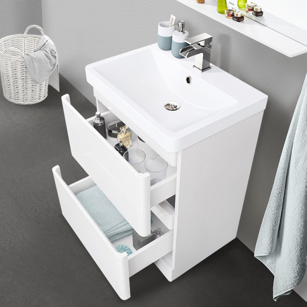 600mm Bathroom Vanity Unit Basin Storage 2 Drawer Furniture Gloss White 7425650137730 eBay