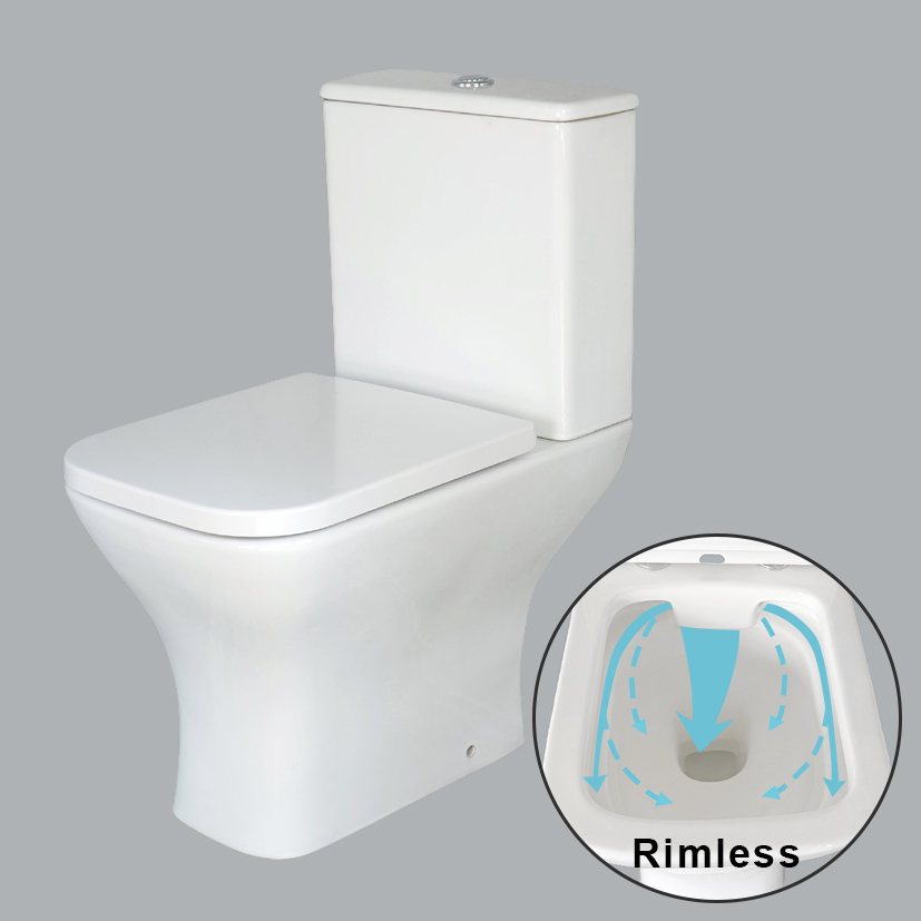 Bathroom Rimless Close Coupled WC Toilet Pan with Cistern and Seat