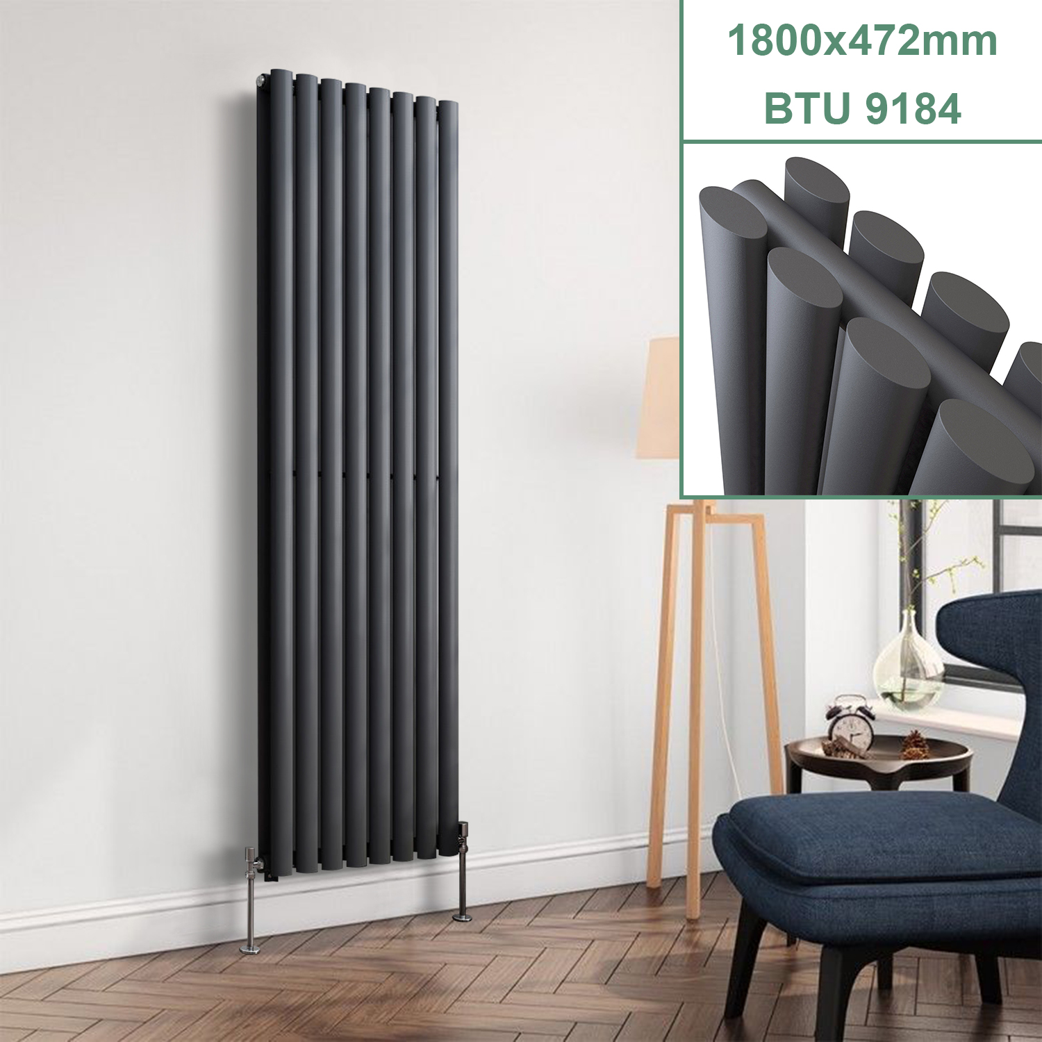 1800mm Vertical Designer Radiator Oval Column White Anthracite Tall