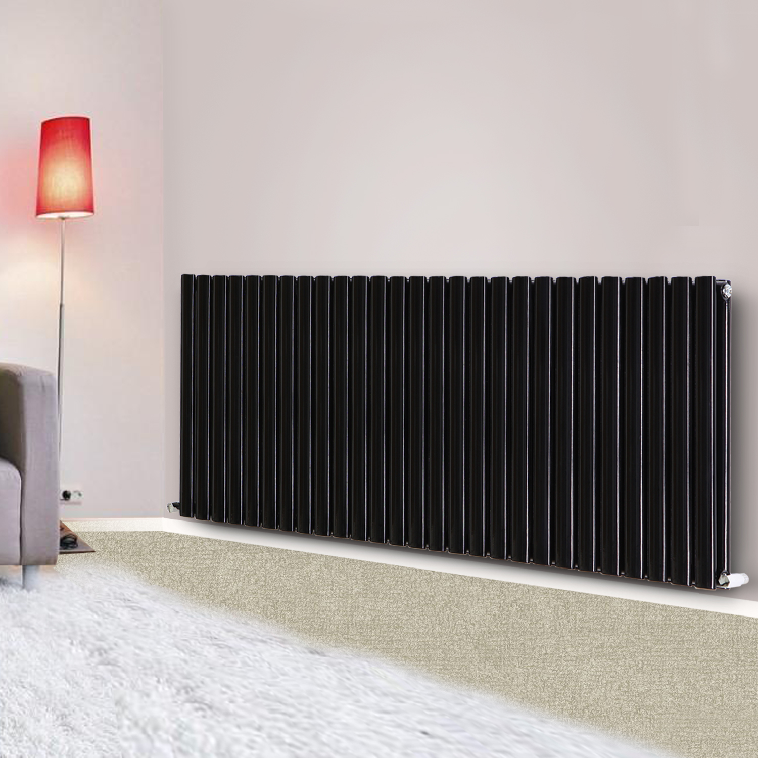 600x1593mm Horizontal Oval Column Designer Bathroom Radiator Black Double Panel
