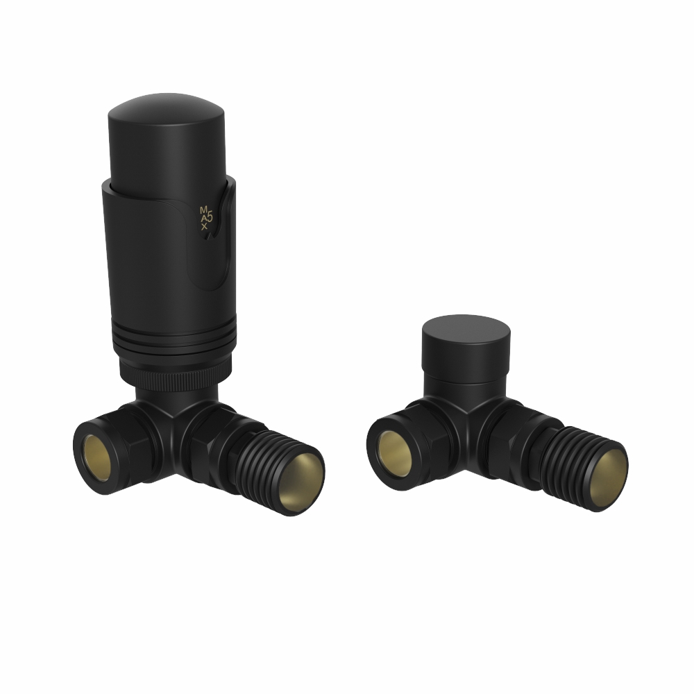 Pair of Straight Angled Thermostatic Manual Black Valves for Radiator Towel Rail
