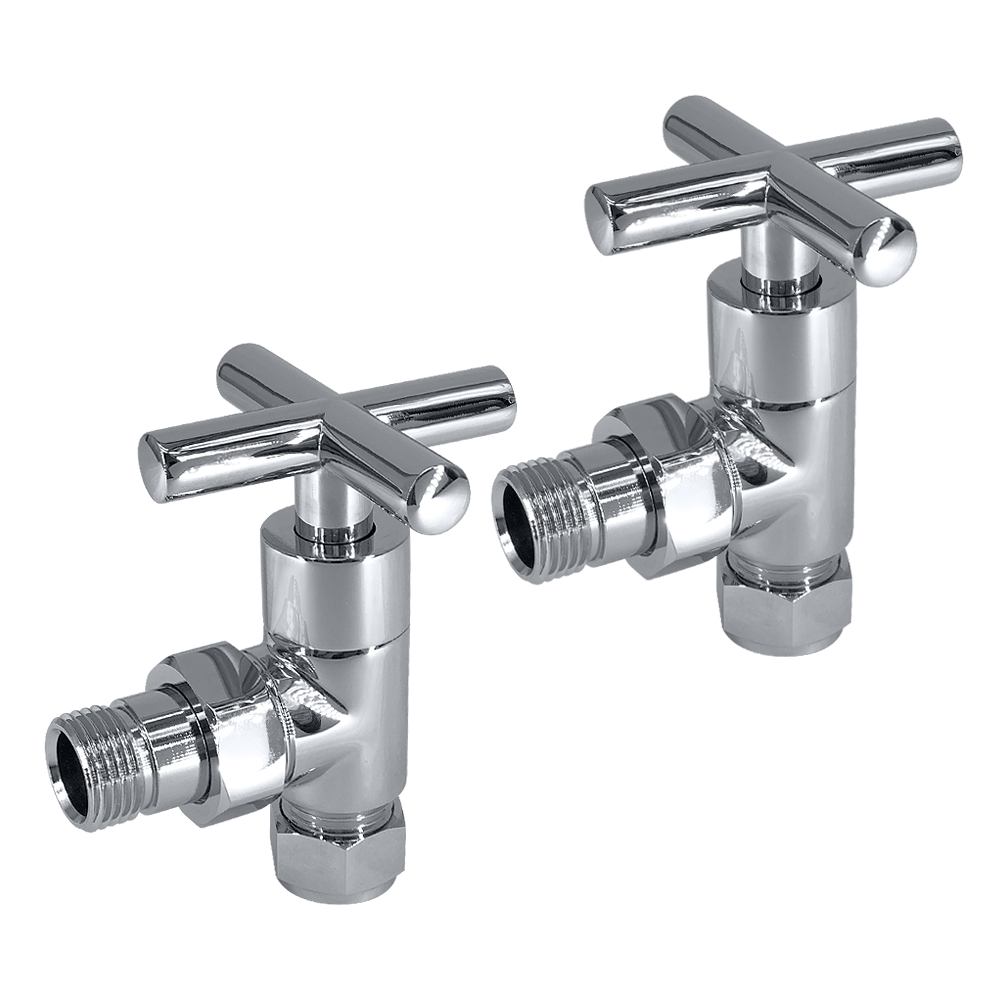 Pair of Cross Head Angled Manual Towel Rail Radiator Valves Traditional Chrome