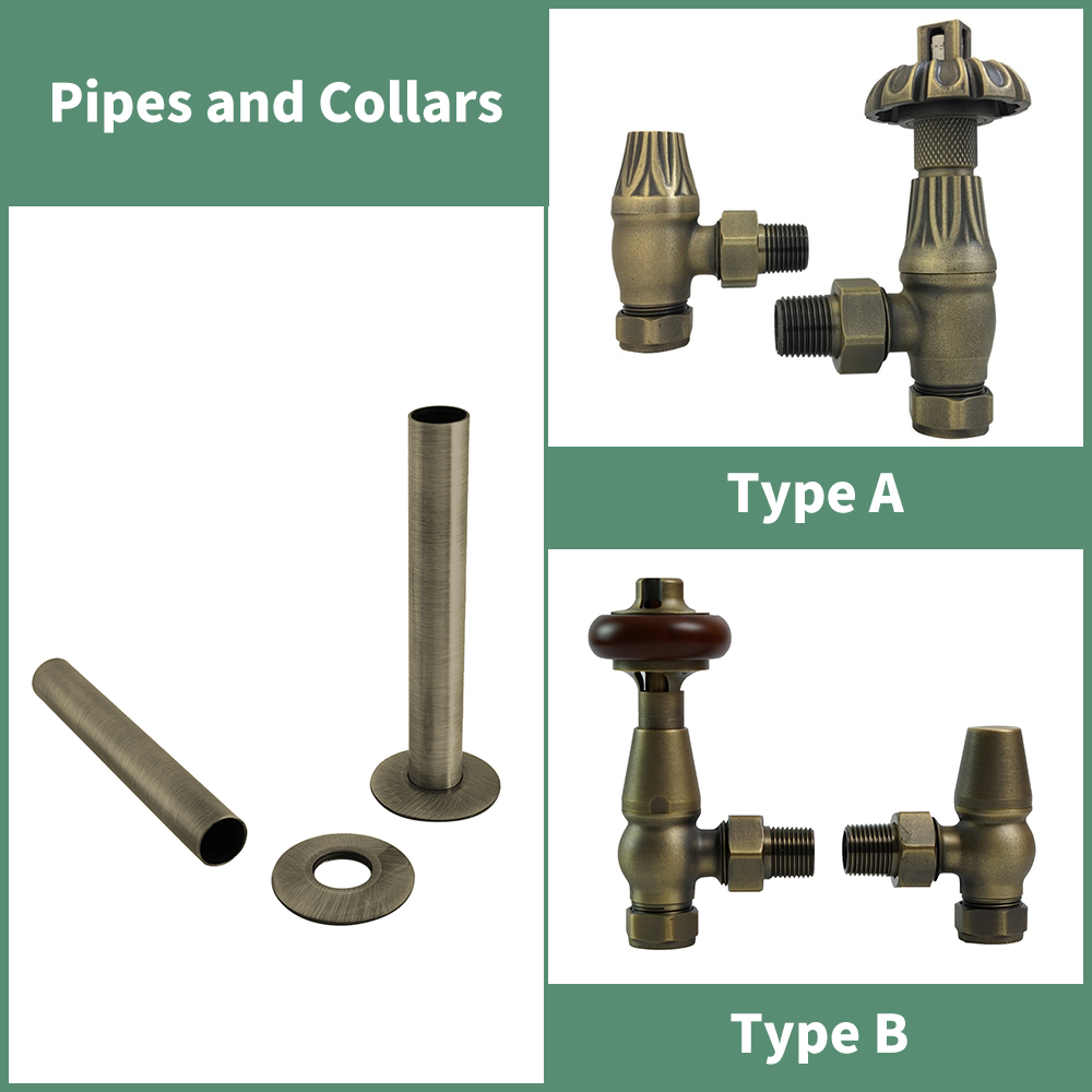 Traditional Thermostatic Manual Angled Radiator Valves Pipes and Collars Brass