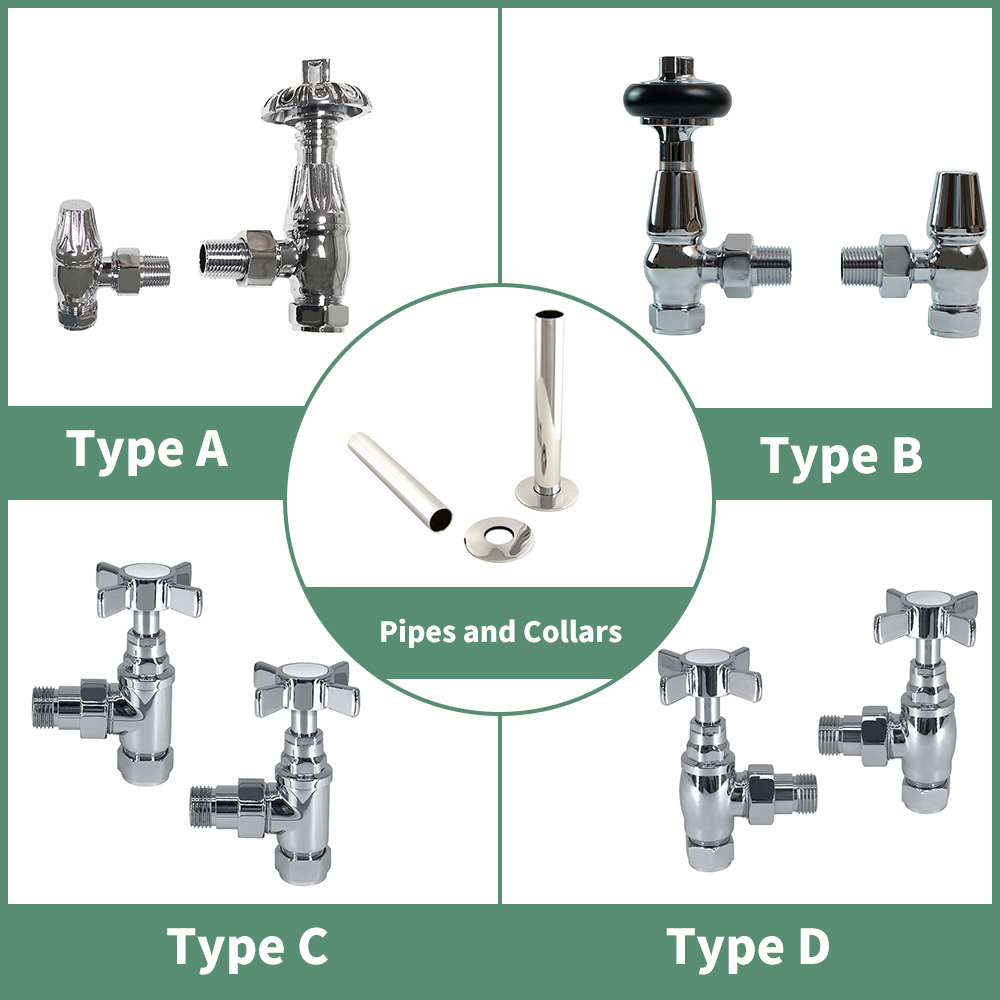 Traditional Thermostatic Manual Angled Radiator Valves Pipes and Collars Brass
