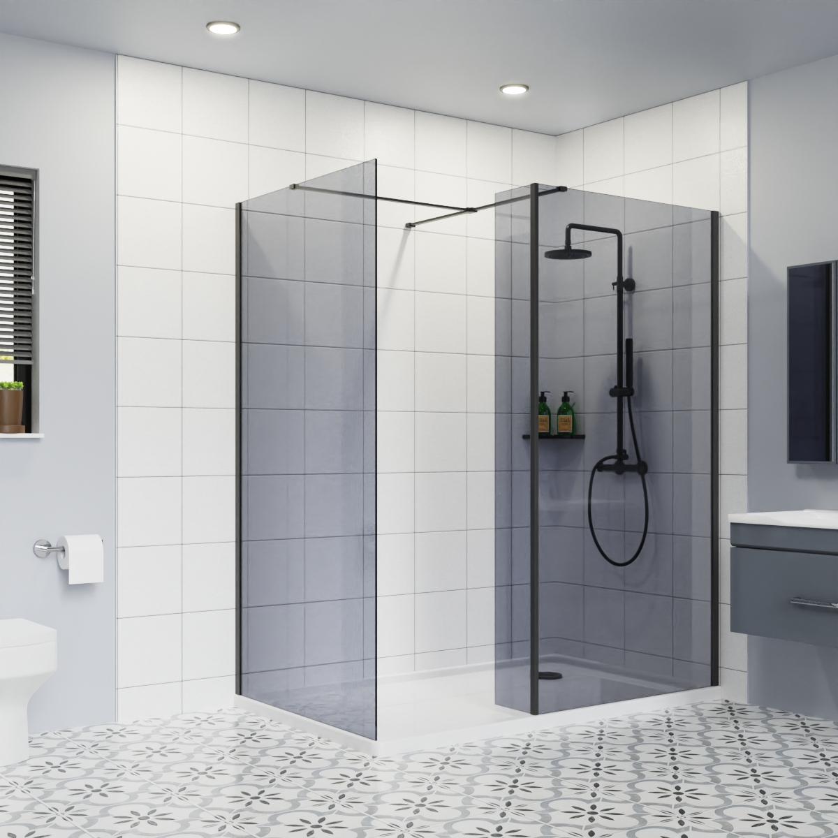 Walk In Shower Enclosure Screen Flipper Panel Black Wet Room Cubicle Grey Glass
