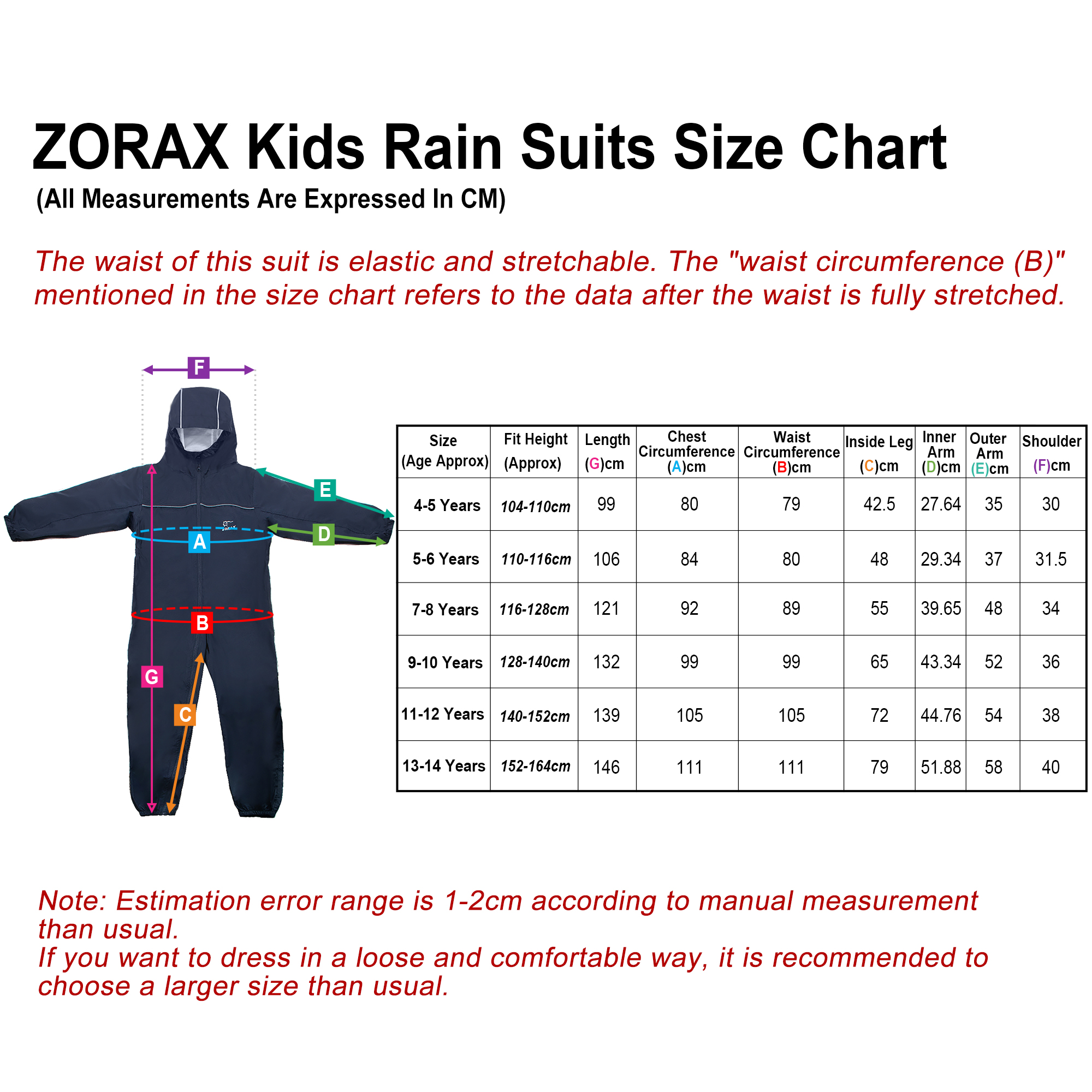 ZORAX 10 Sizes Kids Waterproof Rain Suit Children Rainsuit With Reflective Trim - Picture 13 of 41