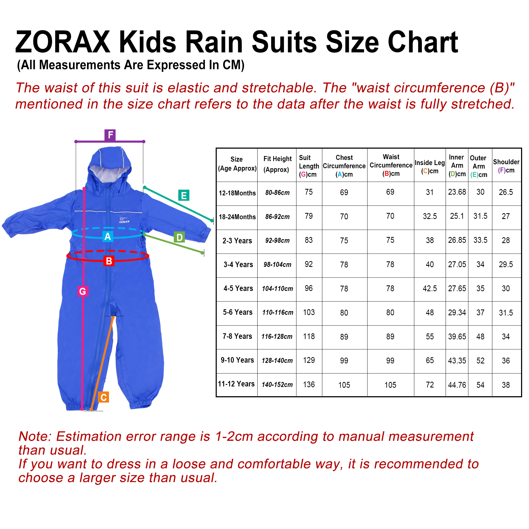 ZORAX 10 Sizes Kids Waterproof Rain Suit Children Rainsuit With Reflective Trim - Picture 18 of 41