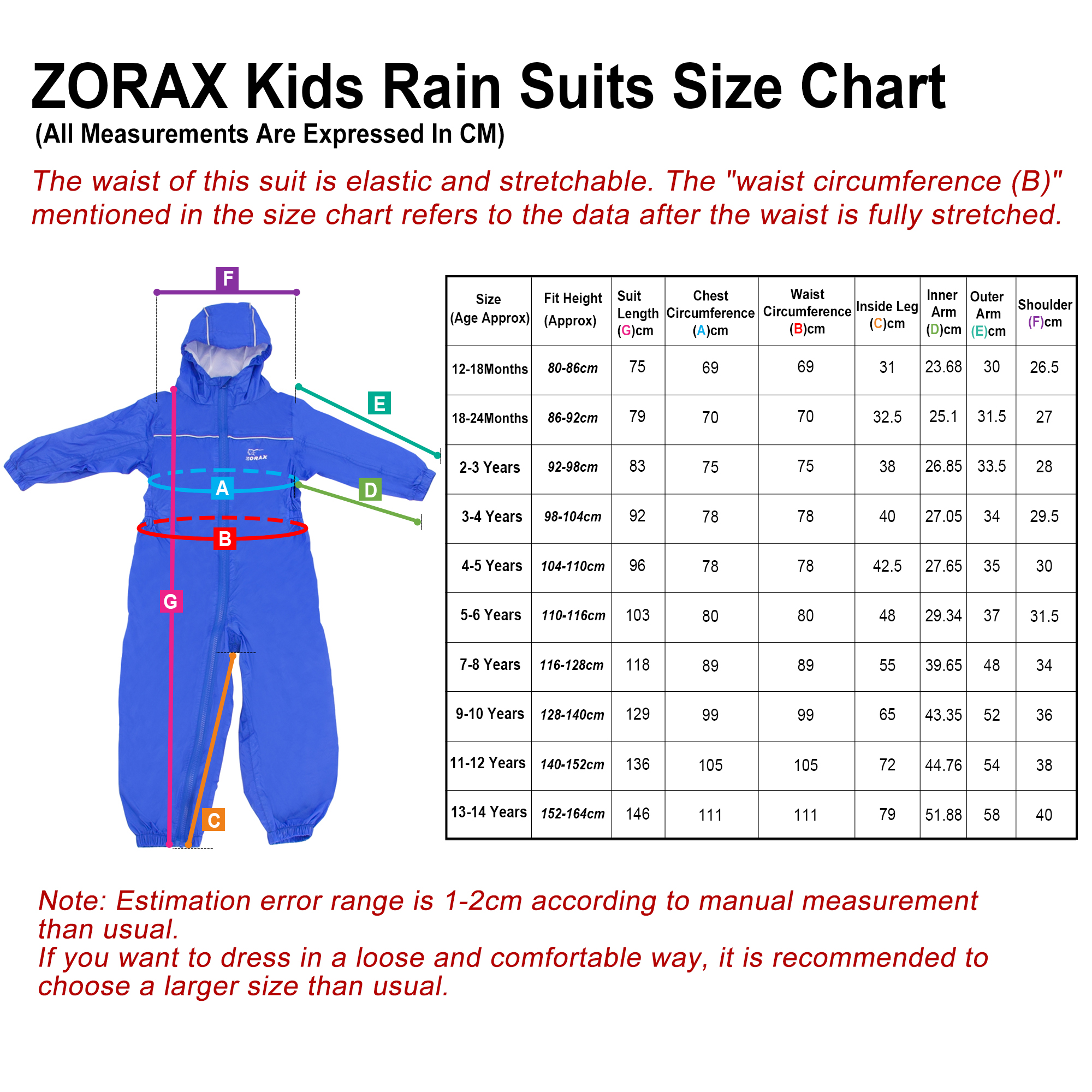 ZORAX 10 Sizes Kids Waterproof Rain Suit Children Rainsuit With Reflective Trim - Picture 8 of 41