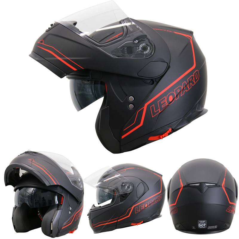 Leopard LEO-838 Modular Flip up Front Motorbike Motorcycle Helmet 55-56cm Extra Mirrored Visor Black S