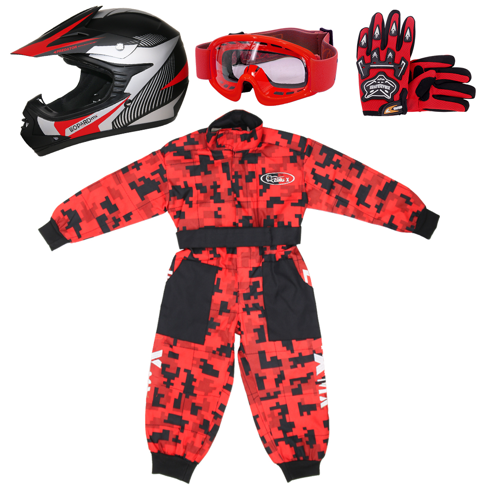 Kids Motocross Helmet Childrens Junior Camo Suit Goggles Gloves