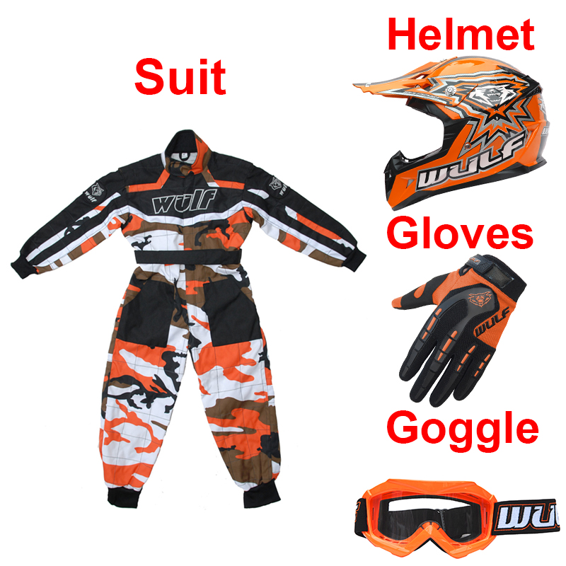 New Wulfsport Blue Camo Kids Youth Motocross Helmet Suit Gloves Goggles Bundle