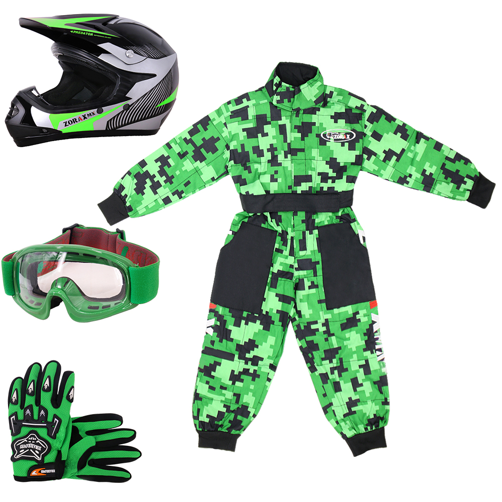ZORAX ZOR-X19 Kids Motorbike Set Motocross Helmet & Goggles & Gloves & Camo Suit - Picture 18 of 19