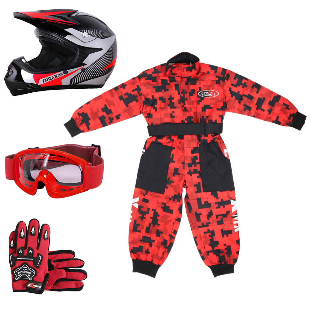 ZORAX ZOR-X19 Kids Motorbike Set Motocross Helmet & Goggles & Gloves & Camo Suit - Picture 17 of 19