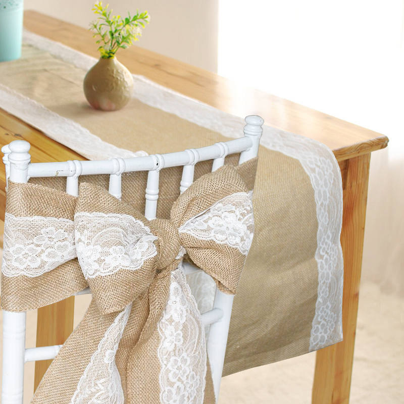 Hessian Jute Lace Chair Sash + Lace Table Runner Burlap Rustic Chic eBay
